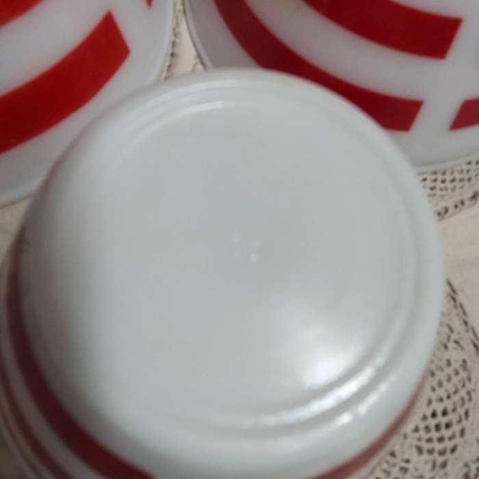 3  Mixing bowls Milk Glass Red stripe 2 OPALEX+1 bottom stamp 13LOOK At My BUY NOW - NO WAITING