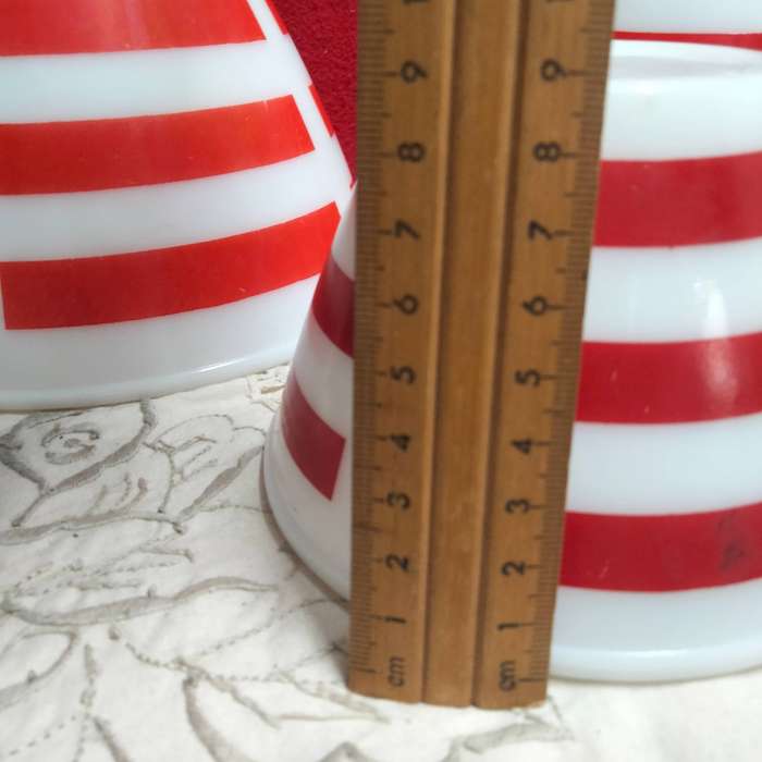 3  Mixing bowls Milk Glass Red stripe 2 OPALEX+1 bottom stamp 13LOOK At My BUY NOW - NO WAITING