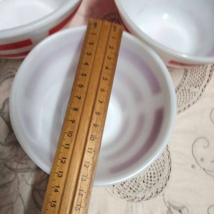 3  Mixing bowls Milk Glass Red stripe 2 OPALEX+1 bottom stamp 13LOOK At My BUY NOW - NO WAITING