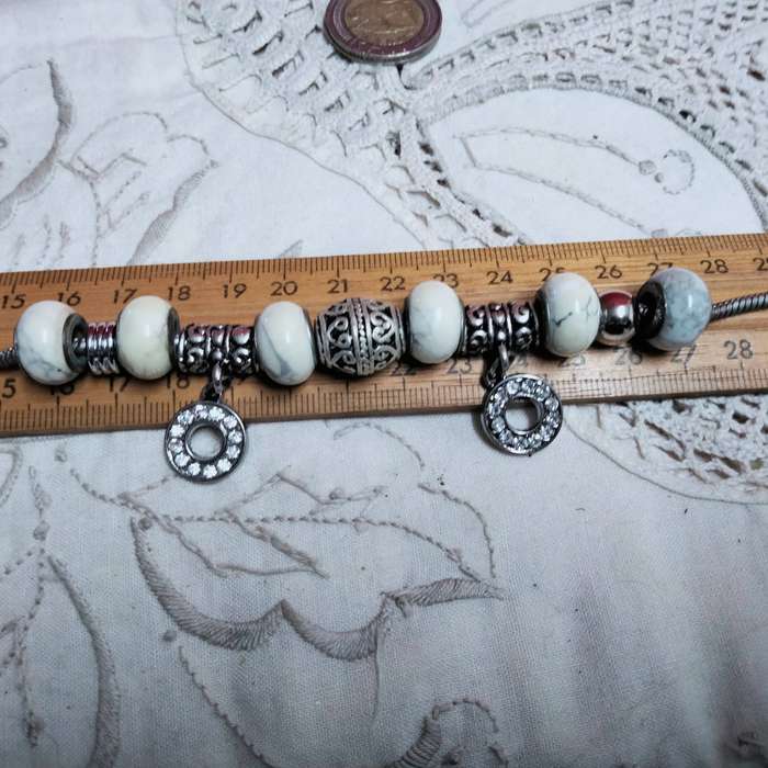 Necklace Europe Marbled glass beads core Sterling Silver stamp 925- Silver tone spacers+Snake chain