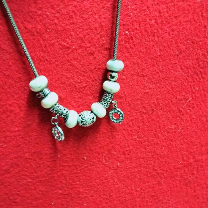 Necklace Europe Marbled glass beads core Sterling Silver stamp 925- Silver tone spacers+Snake chain