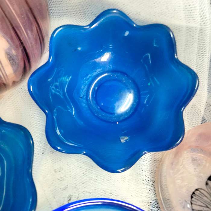 5 glass mix 1 Vase pink ribbed China+1  glass candle holder has handle butterfly+3 glass Cobolt dish