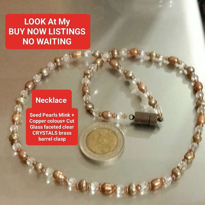 NECKLACE - Seed Pearls +copper gold colour spacers+Crystals Cut Glass faceted clear
