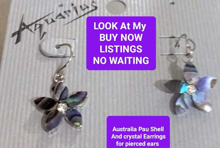 EARRINGS- SMALL flower SHAPE  centre has crystal PAUA SHELL leaves for pierced ears TONE METAL