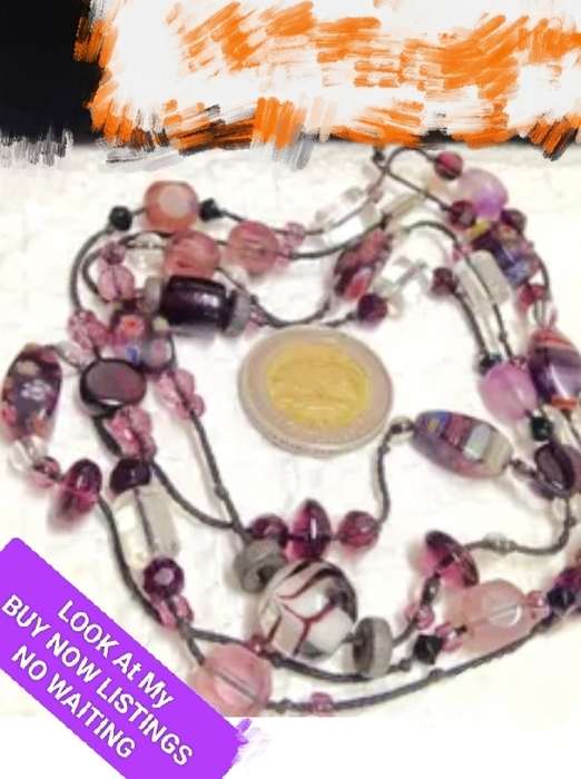 Necklace Italian clear art Purple -pink - Fiori lampwork glass beads long vintage