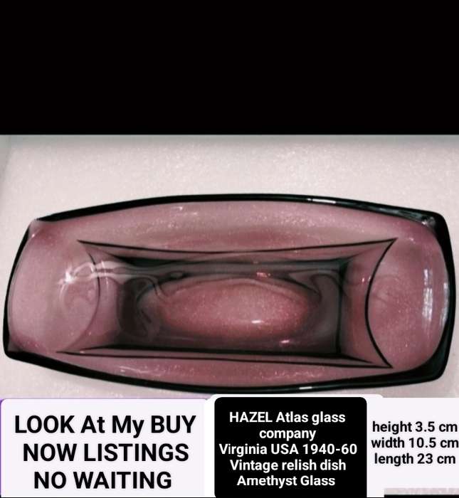1940/60HAZEL Atlas glass company Amethyst relish dish+2crochet cloths Look at my Buy Now No Waiting