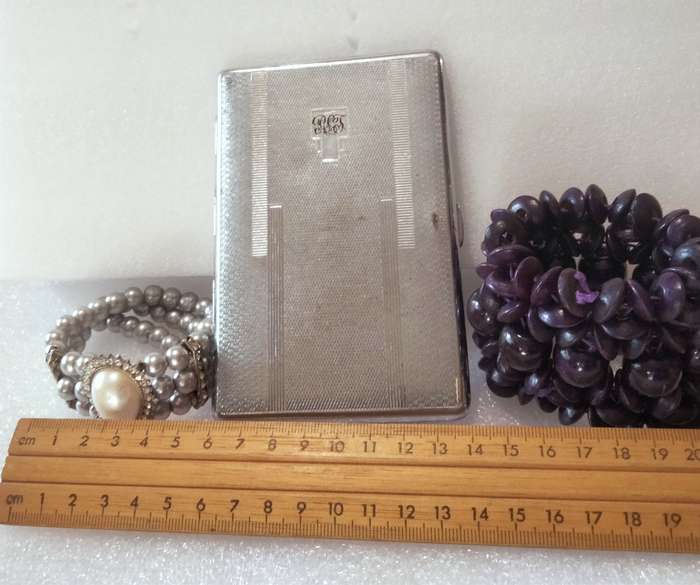 Cigarette case Monogram Silver Mirrored hinge 2 stretch Bracelets Faux Pearl Silvers+Purple wood