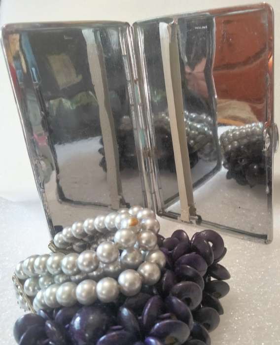 Cigarette case Monogram Silver Mirrored hinge 2 stretch Bracelets Faux Pearl Silvers+Purple wood
