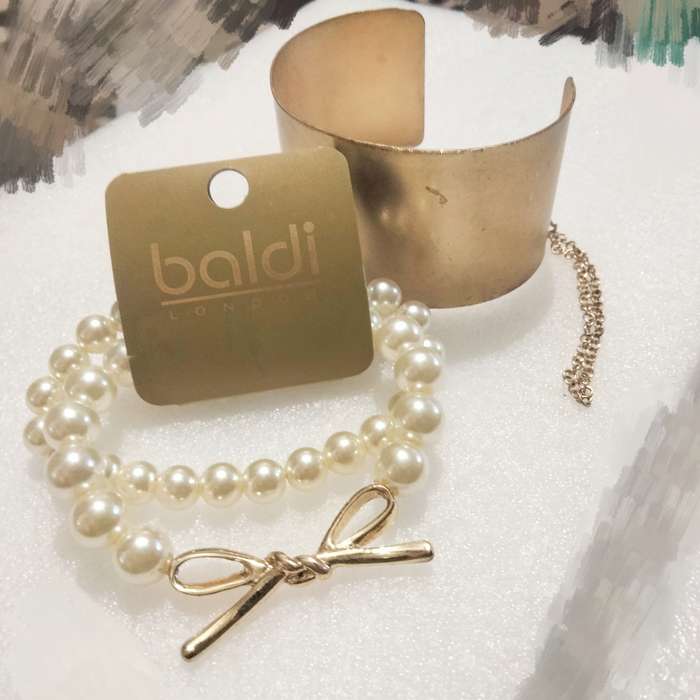 3 Bracelet 2 BALDI LONDON original label stretch Faux Pearl + Bangle Cuff yellow metal small chain
