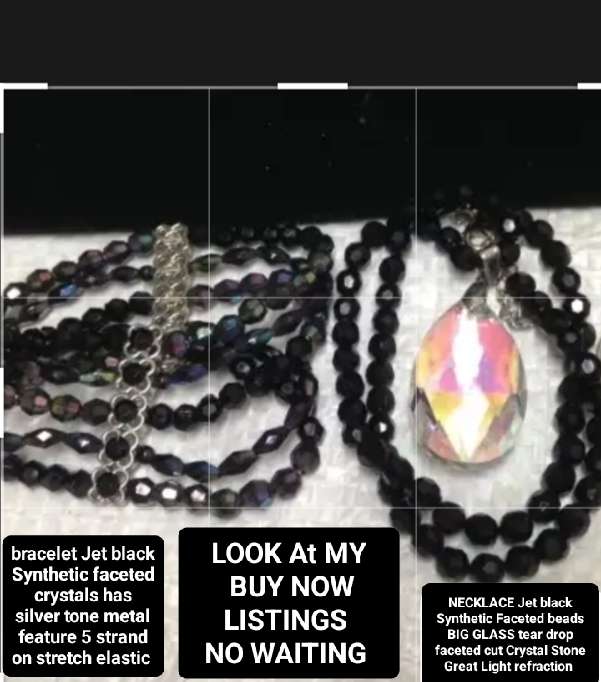 Necklace Pendant large tear drop Cut glass + Bracelet cut jet black crystals synthetic