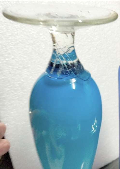 VASE Opaline cased blue graduating to deeper colour glass twist stem clear base Empoli ITALY