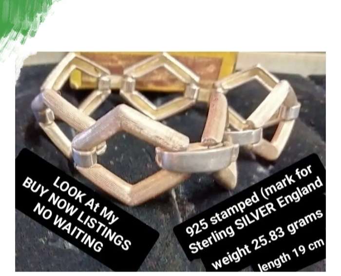 925 Silver Gilt Italian Bracelet Textured Cutout Double Triangles +Plain flat crossover square links