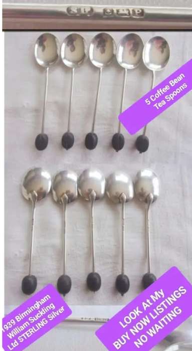 Antique 1939 STERLING SILVER - 5 set coffee bean top Spoons  hallmarked all one bid