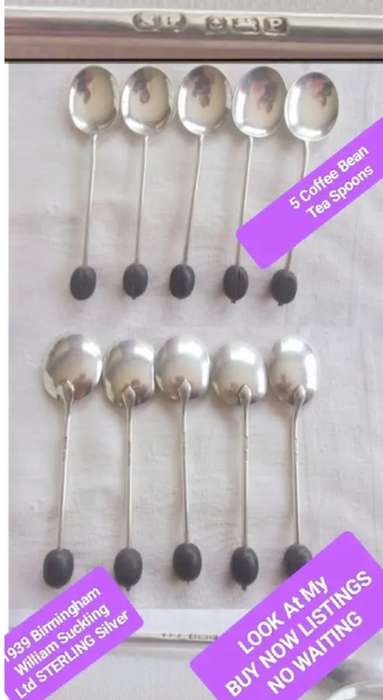 Antique 1939 STERLING SILVER - 5 set coffee bean top Spoons  hallmarked all one bid
