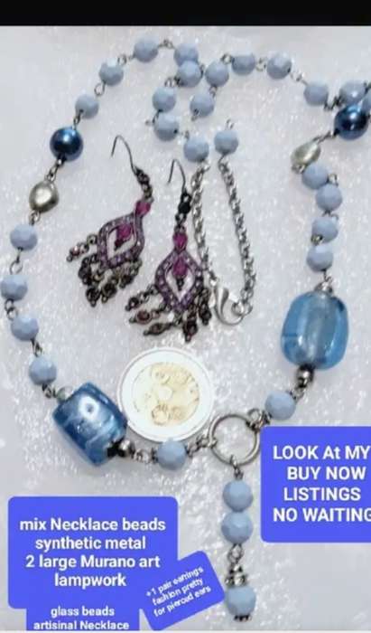 NECKLACE Italian glass foil lampwork 2 Big Blue+Synthetic+earrings LOOK at my BUY NOW - NO WAITING