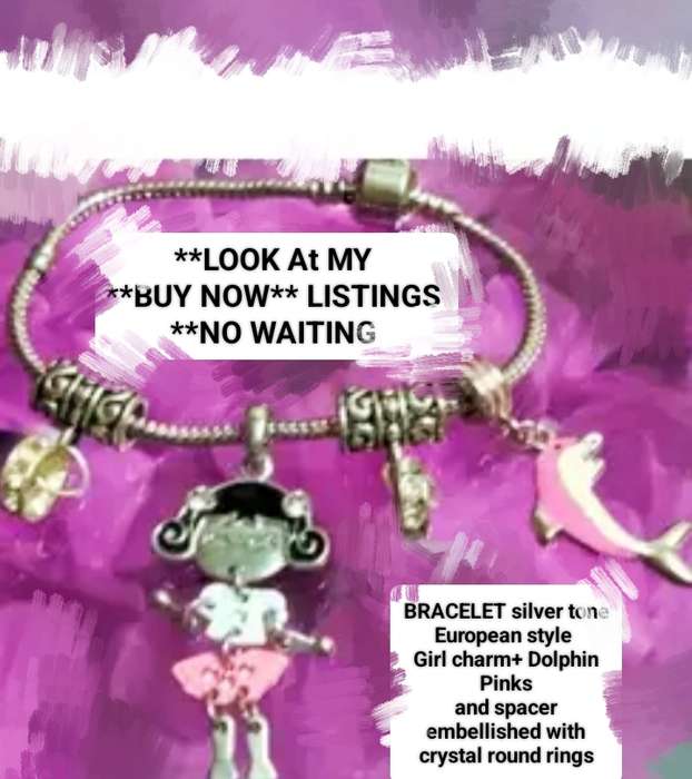 BRACELET Italian style 1-Dangle girl charm enameled pink+ black+Crystals+1 fish pink enameled+spacer