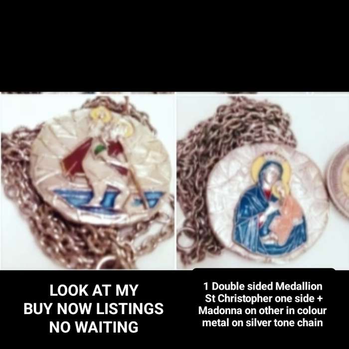 Medallion double sided Madonna+Saint Christopher Embossed + chain LOOK At My BUY NOW - NO WAITING
