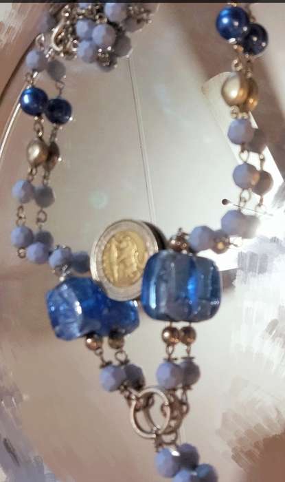 NECKLACE Italian glass foil lampwork 2 Big Blue+Synthetic+earrings LOOK at my BUY NOW - NO WAITING