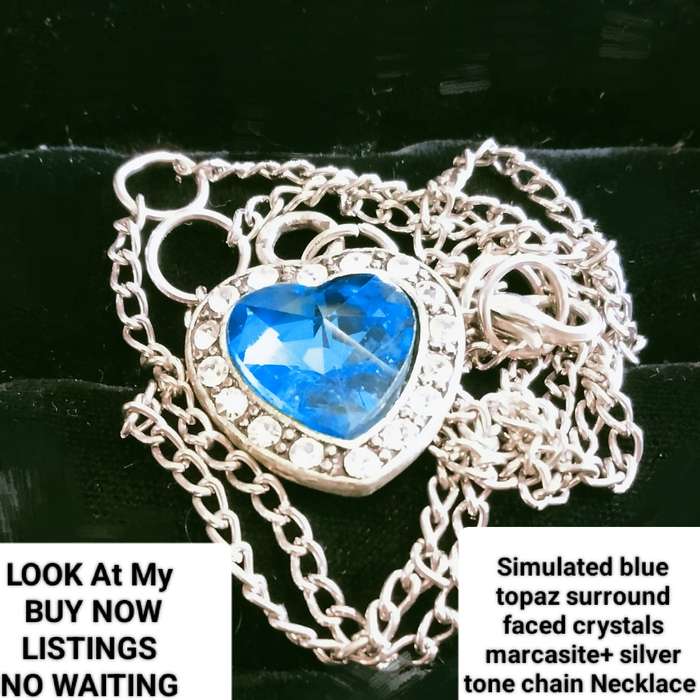 Necklace -Heart Blue simulated Topaz+Crystals+marcasite + Silver tone chain - anomaly LOOK