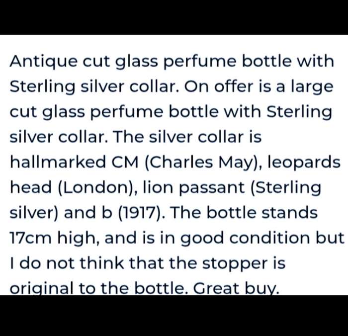 Antique 1917 Sterling Silver collar cut glass Perfume bottle +crystal stopper