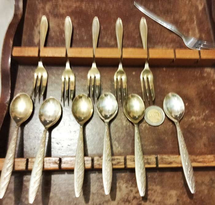 14 Items-6 Tspoons-5 Cake Forks-1 fork-1 COPPER Sugar bowl  blue Coal Scuttle Wood cake fork stand