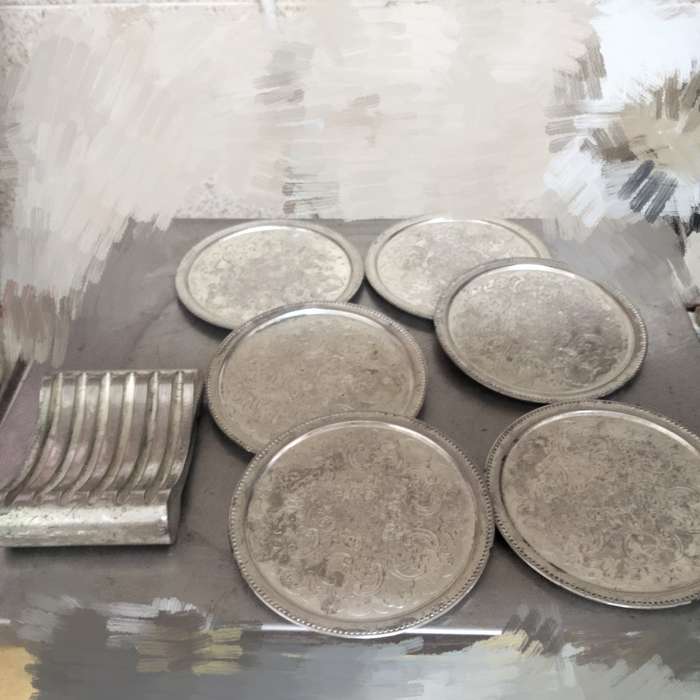 IANTHE silver plated -6 Drip Coasters+Stand-England LOOK at my BUY NOW listings NO WAITING Waiting