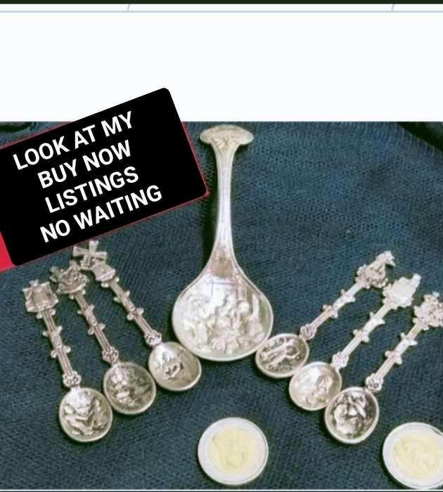 6 Tea Spoons +1 Sugar Spoon Silver Plated Raised embossed DUTCH Publican Scenes