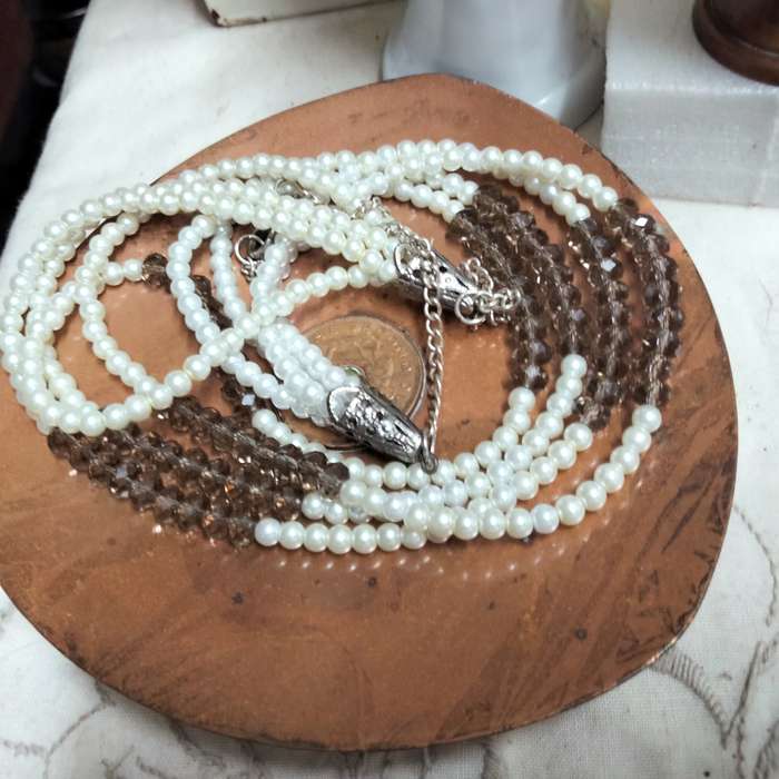 Necklace Bib 4 Strand Smokey Crystal faceted+Synthetic Pearls LOOK at my BUY NOW LISTINGS NO WAITING