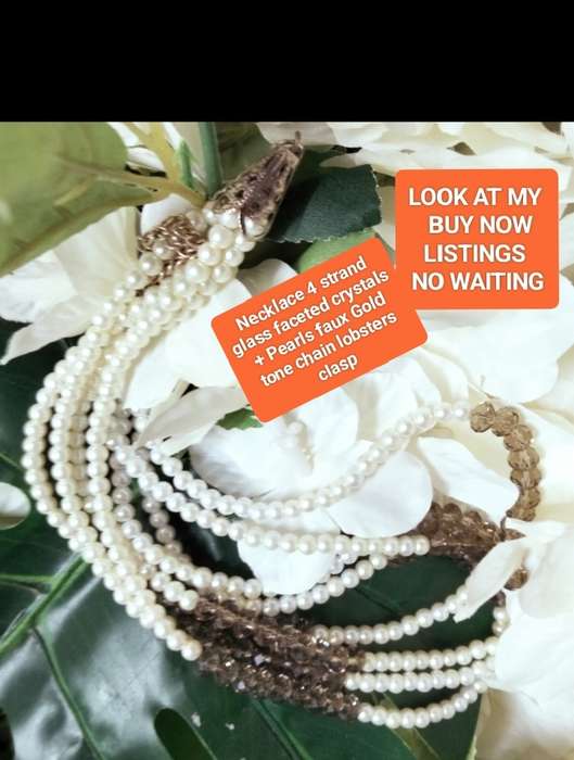 Necklace Bib 4 Strand Smokey Crystal faceted+Synthetic Pearls LOOK at my BUY NOW LISTINGS NO WAITING