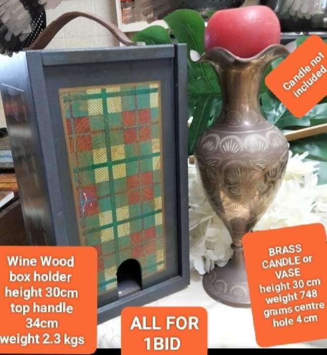 2 table items BRASS CANDLE/VASE + Box for Wine  ALL FOR 1 BID LOOK AT MY BUY NOW LISTINGS NO WAITING