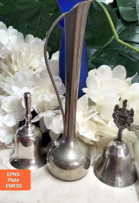 3 Plated 2 EPNS bells+ Clangers +Plated Art Deco bud Vase  LOOK At My BUY NOW LISTINGS NO WAITING