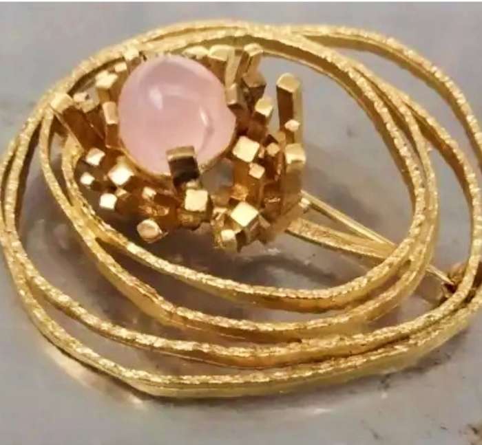 BROOCH -Rolled Gold- ROSE QUARTZ semi precious Gemstone -GERMANY LOOK at My BUY NOW ltems NO WAITING