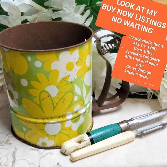 3 GREAT Vintage Kitchenalia DECOR items complete with rust loss of paint ALL for 1 BID