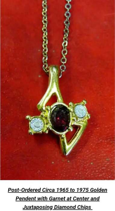 Post-Ordered Circa 1965to1975 Golden Pendant with Garnet at Center + Juxtaposing Diamond Chips LOOK