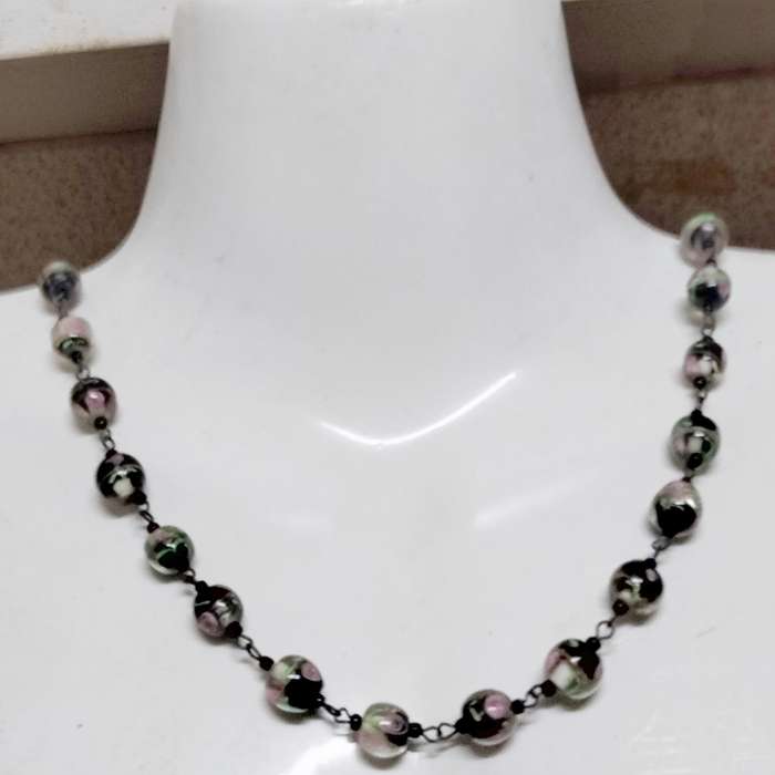 Necklace-  Murano -WEDDING Cake -pink rose black accent lampwork Glass handcrafted Vintage beads
