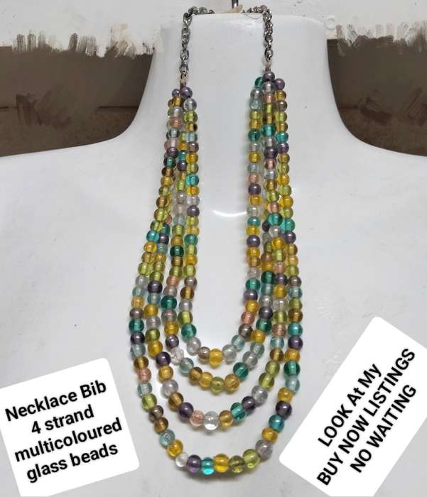 Bib NECKLACE - 4 strand ITALIAN lamp work Glass Beads Multicolour+Chain look at my Buy Now - No Wait