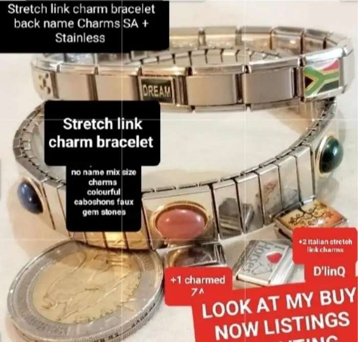 2 Bracelets Stretch Link European Style   1- Charms SA+stainless mix+1 Cabochons faux gems +2D'linQ