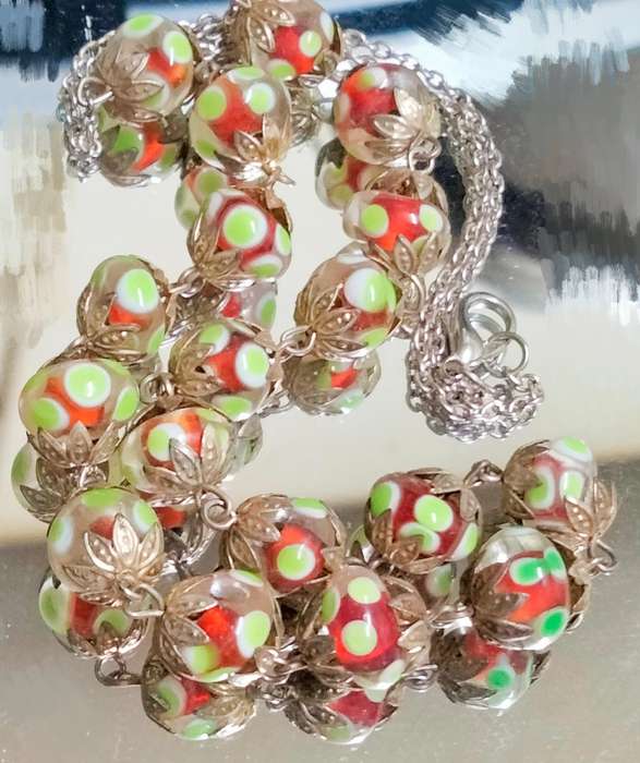 Necklace - Murano hand made Glass Lampwork spot green red white -chain Look at my buy now-No Waiting