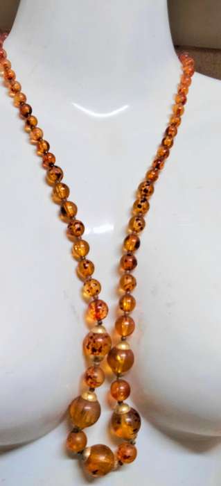 Necklace  AMBER graduating faux round beads+ small beads gold tone metal spacers + barrel clasp