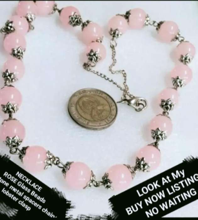 1 NECKLACE - Rose quartz glass beads+spacers metal Chain look at my Buy Now listings - No Waiting