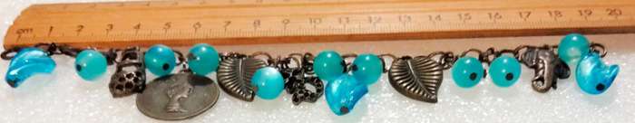 BRACELET Vintage Murano 12  blue lampwork glass beads handcrafted +6 Charms chain Oxidised style