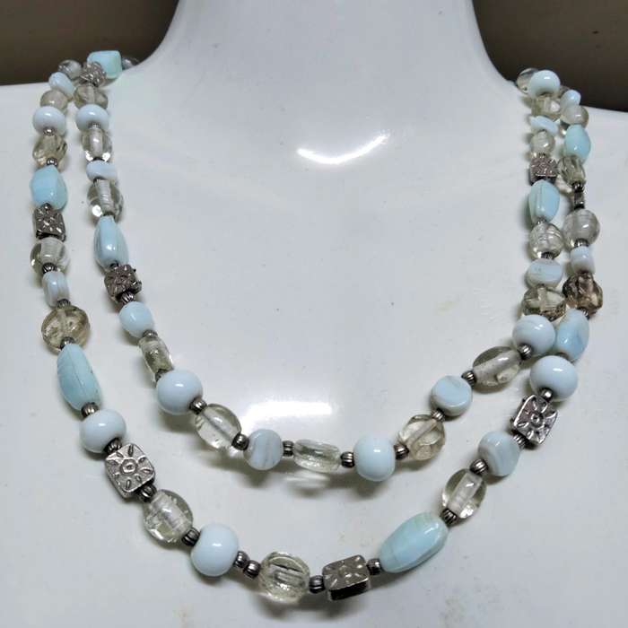 ITALIAN glass beads NECKLACE Lampwork GLASS BEADS blue white clear +metal spacers