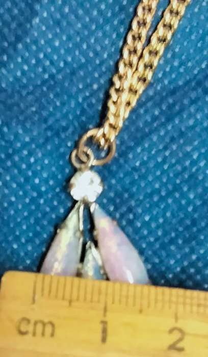 NECKLACE Pendant 3 faux Opals 4 Crystals Clear cut glass faceted + Chain gold tone