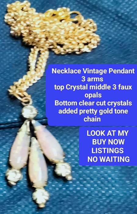 NECKLACE Pendant 3 faux Opals 4 Crystals Clear cut glass faceted + Chain gold tone