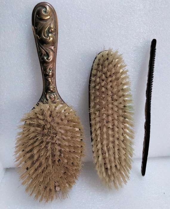 1900s Antique Art Nouveau Clothes Brush+Brush+Comb Set -Silver Plated all lost -Showing ware