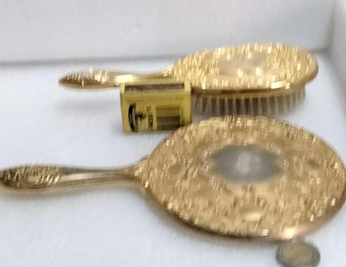 1950s 1 BRUSH+MIRROR SET Gilded Tone metasmall roses Vanity dressing table decor- heavy some ware