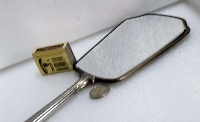 Yellow back Hand MIRROR  Art Deco style long metal handle