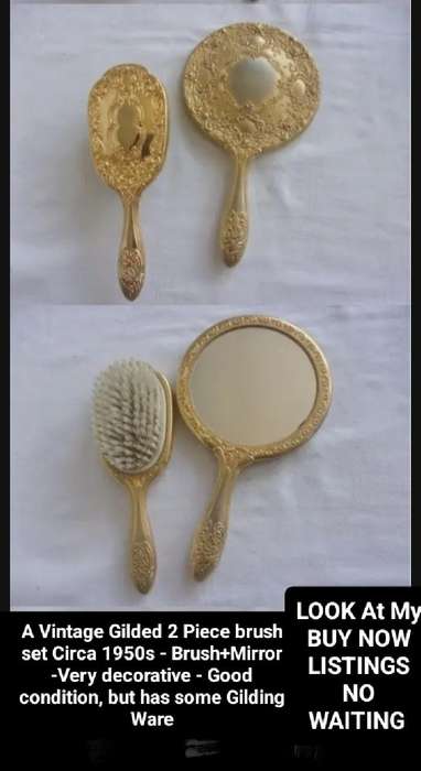 1950s 1 BRUSH+MIRROR SET Gilded Tone metasmall roses Vanity dressing table decor- heavy some ware