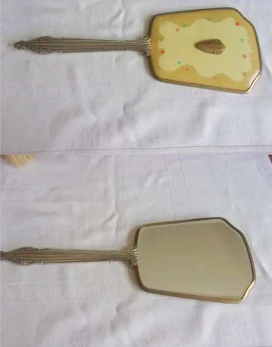 Yellow back Hand MIRROR  Art Deco style long metal handle