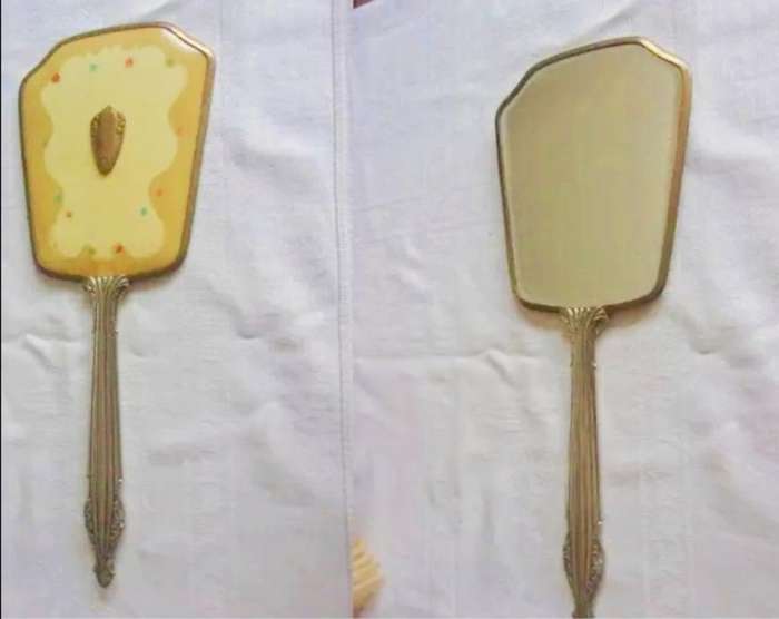 Yellow back Hand MIRROR  Art Deco style long metal handle